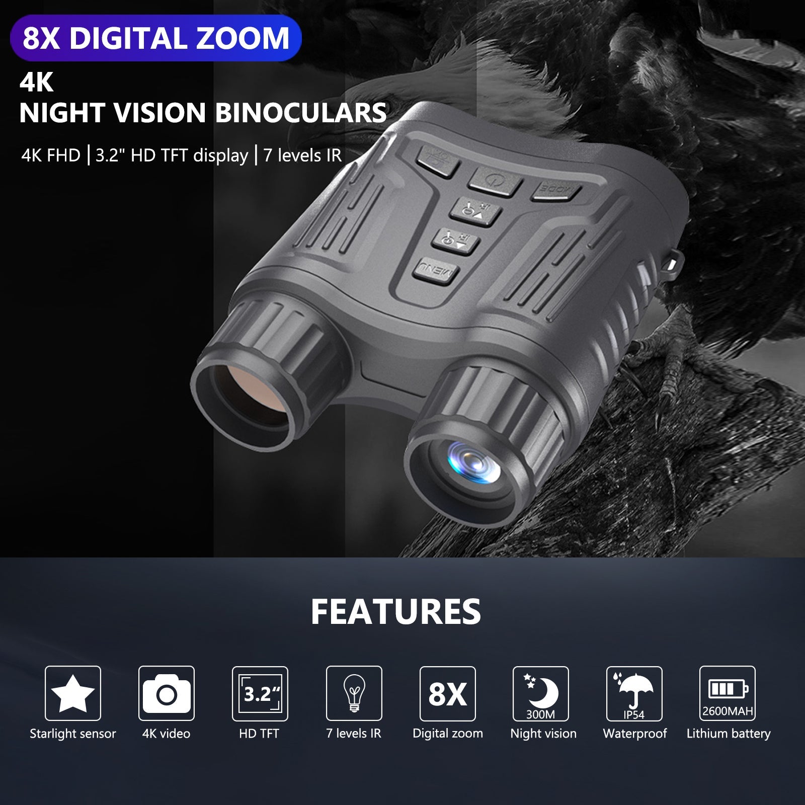 4K 36MP Starlight Night Vision Binocular Distance to 300M with 3.2